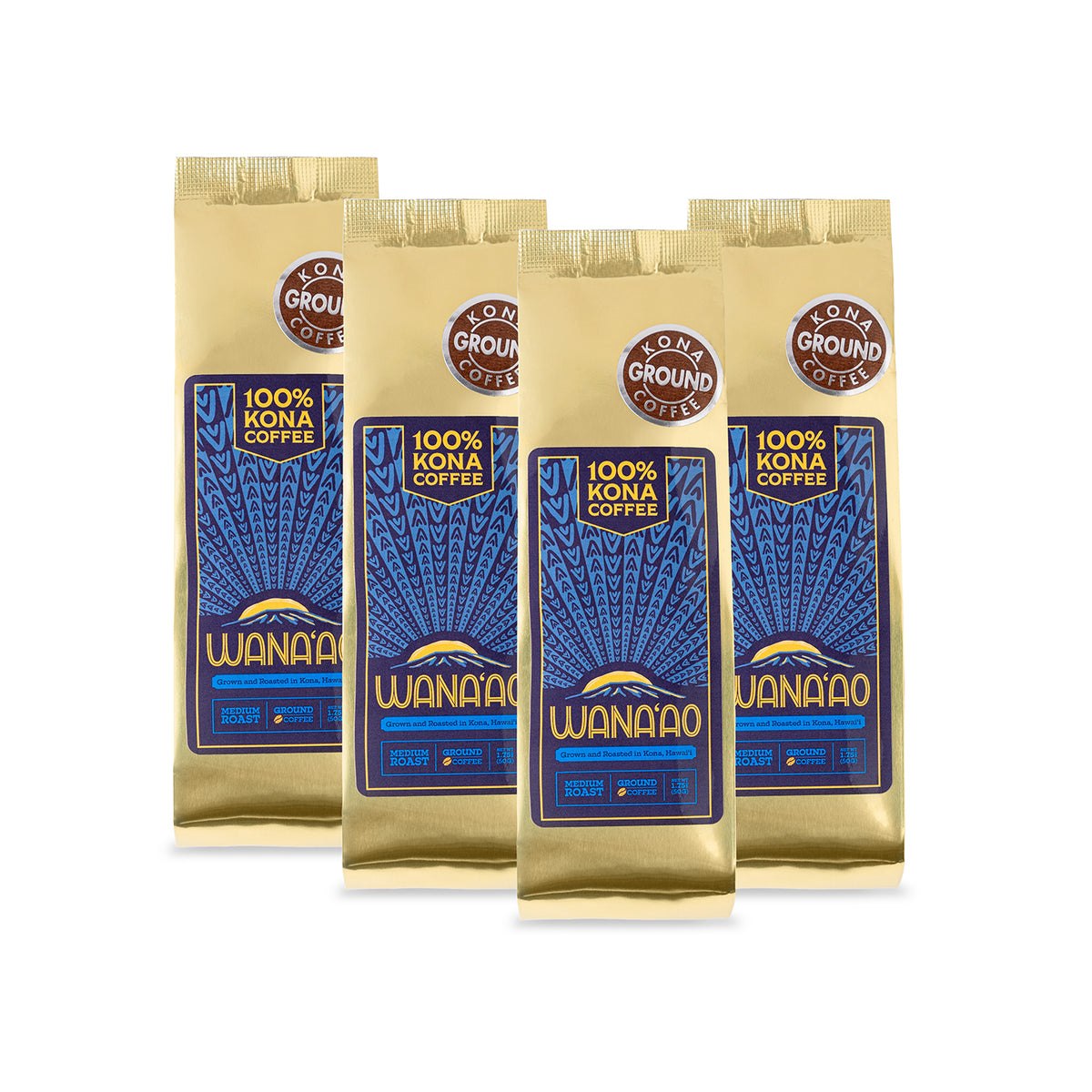 Four 1.75 oz bags of Wana'ao 100% Kona ground coffee