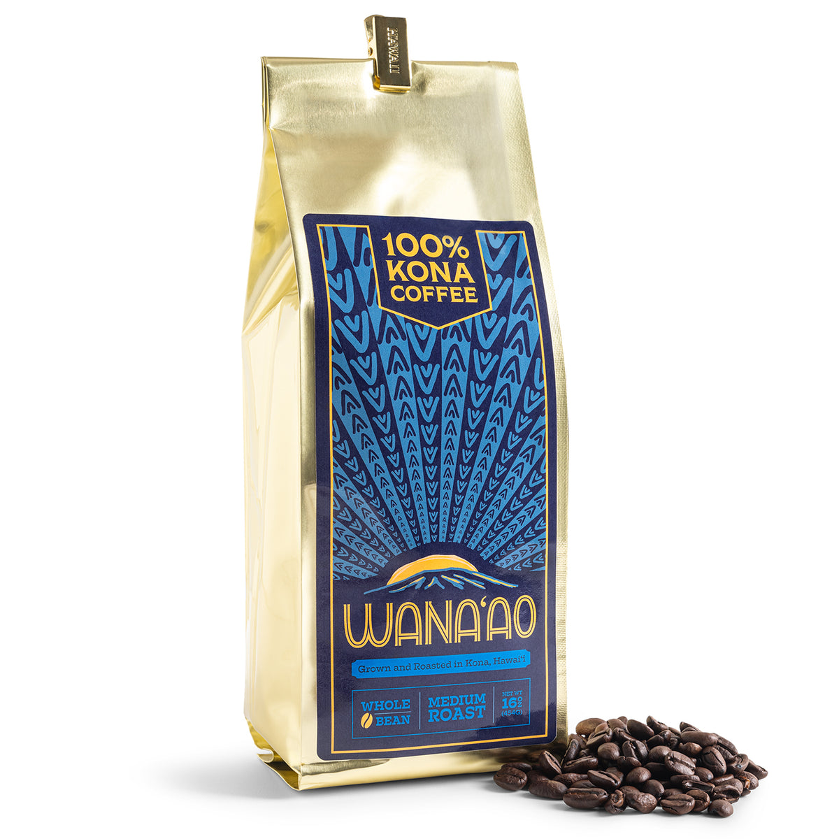 Wana'ao 100% Kona Coffee, 16 oz gold bag with whole beans