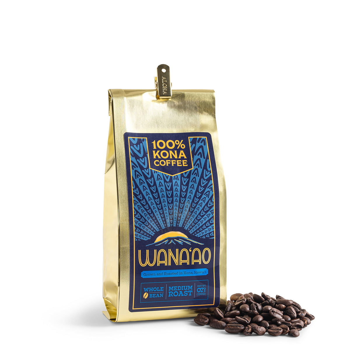 Wana'ao 100% Kona Coffee, 7 oz gold bag with whole beans