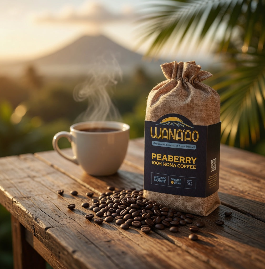 Wana'ao 100% Kona Peaberry coffee at sunrise