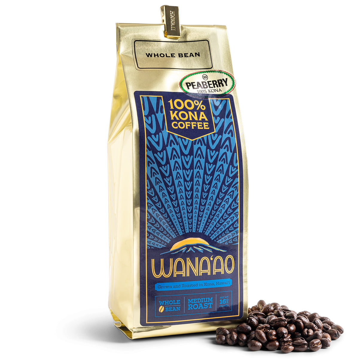 Wana'ao 100% Kona Peaberry Coffee, 16 oz gold bag with whole beans