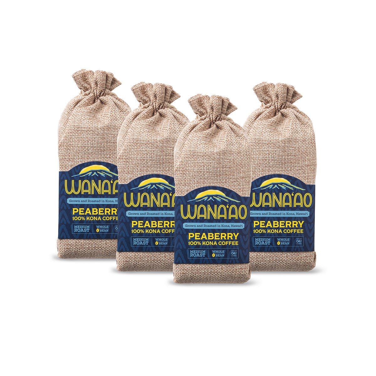 Four 4 oz bags of Wana'ao 100% Kona Peaberry Coffee