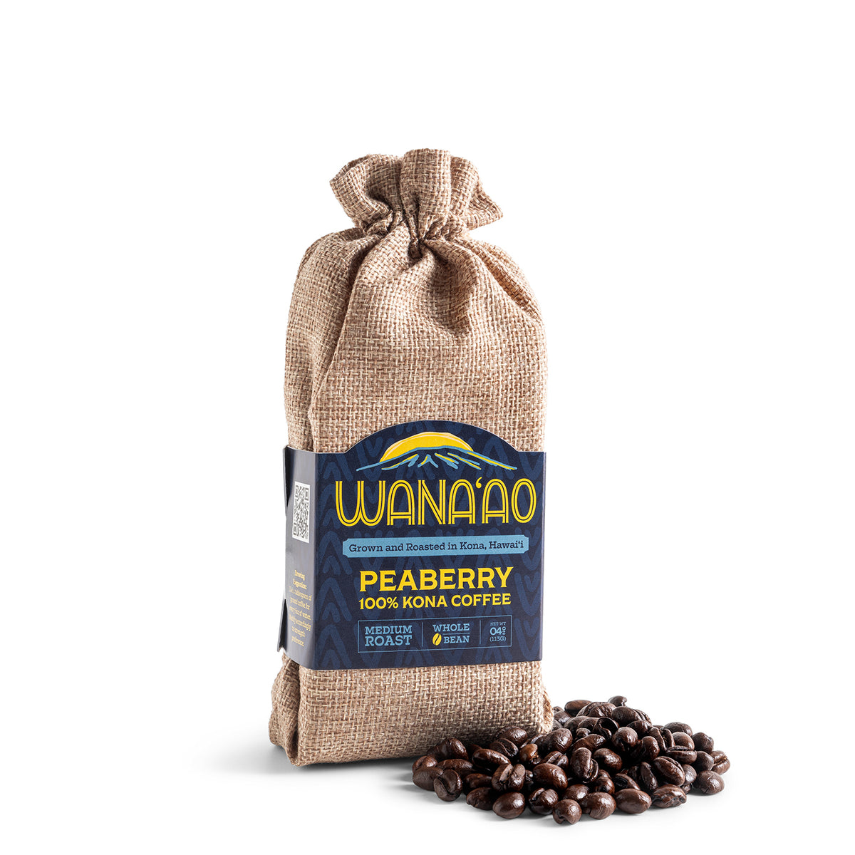 Wana'ao 100% Kona Peaberry Coffee, 4 oz burlap bag with whole beans