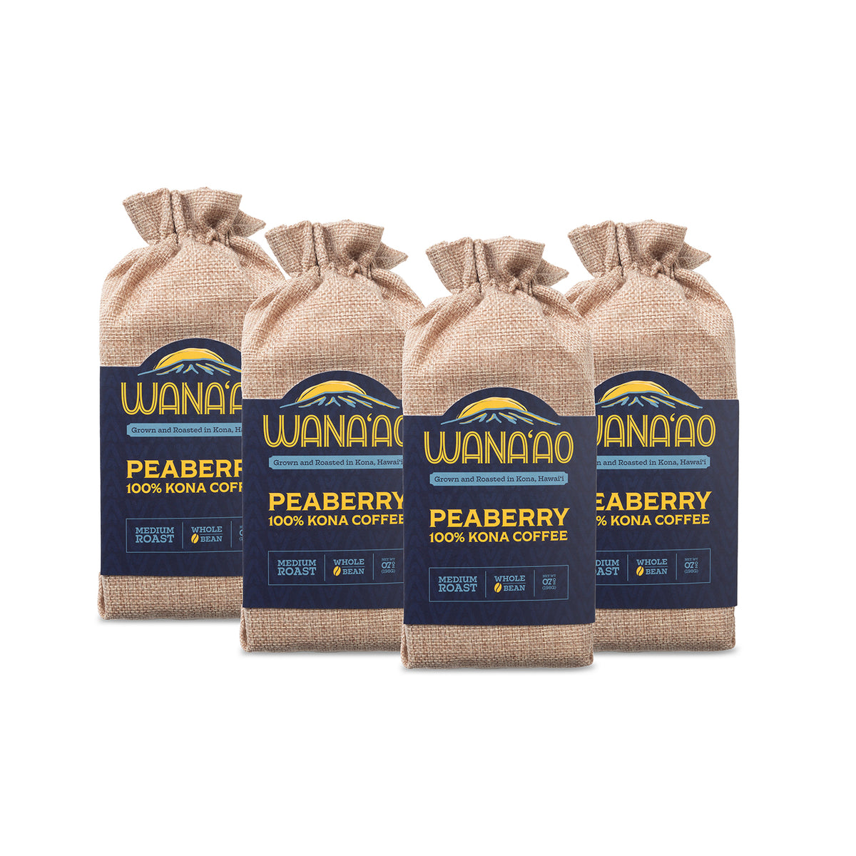 Four 7 oz bags of Wana'ao 100% Kona Peaberry Coffee