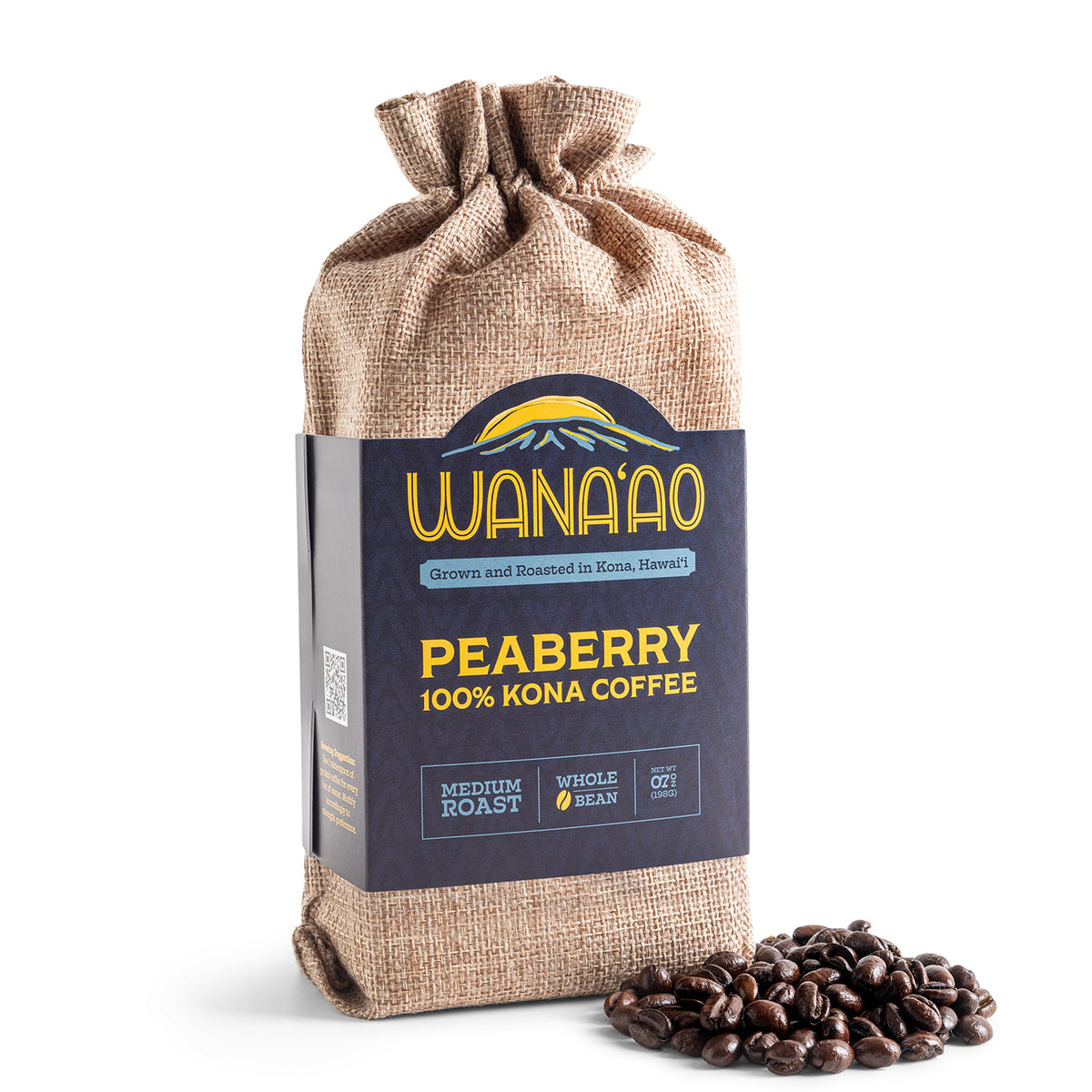 Wana'ao 100% Kona Peaberry Coffee, 7 oz burlap bag with whole beans
